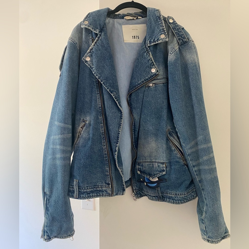 Zara denim jacket with embroidered patches and “future is puppies” screenprint
